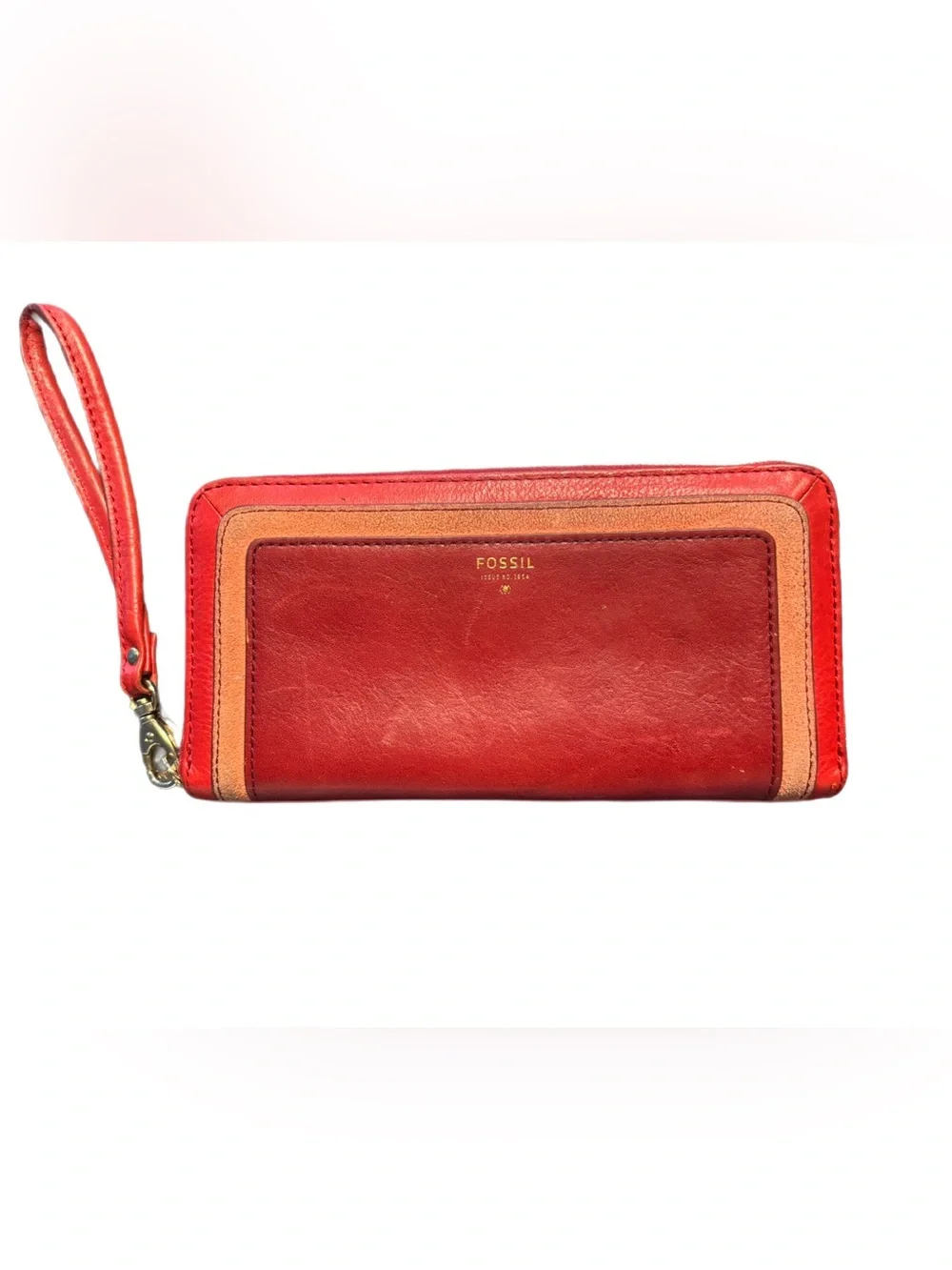 Fossil Red Colorblock Leather Zip-Around Wristlet Wallet,